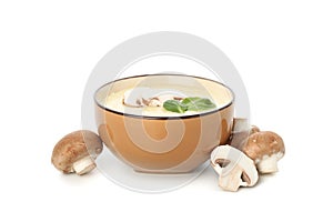 Bowl with mushroom soup isolated on background