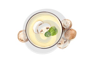 Bowl with mushroom soup isolated on background