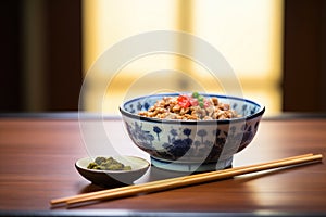 bowl of natto with chopsticks on wooden table