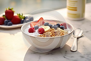 A bowl with natural yogurt, granola and fresh fruits and berries. Delicious and healthy breakfast.