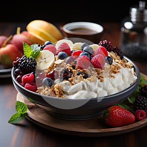 A bowl with natural yogurt, granola and fresh fruits and berries. Delicious and healthy breakfast.