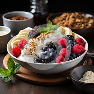 A bowl with natural yogurt, granola and fresh fruits and berries. Delicious and healthy breakfast.