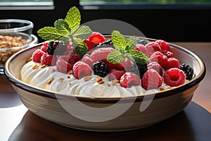 A bowl with natural yogurt, granola and fresh fruits and berries. Delicious and healthy breakfast.