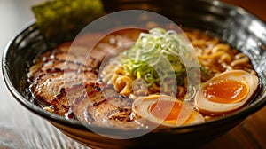 A bowl of noodles with meat and eggs in it on a table, AI