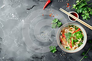 Bowl of Noodles With Vegetables and Chopsticks