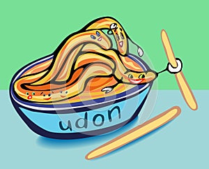 Bowl with noodles. Words in English `udon`. Cartoon. Illustrations for uplifting. Smiling noodles