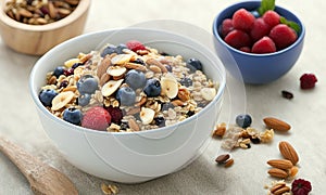 Bowl with oatmeal, berries and nuts on table, closeup