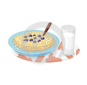Bowl oatmeal blueberries, spoon, glass milk side. Healthy breakfast cereal concept. Nutrition