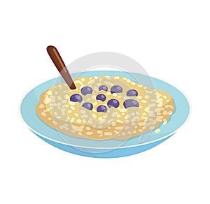 Bowl oatmeal blueberries spoon light background. Healthy breakfast food, oat porridge vector