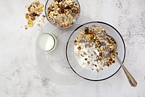 Bowl of oatmeal cereal. Whole oats, granola with dried fruit and blueberry, milk and honey. Healthy food breakfast. Copy space