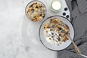 Bowl of oatmeal cereal. Whole oats, granola with dried fruit and blueberry, milk and honey. Healthy food breakfast. Copy space