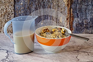 A bowl of oatmeal and nuts. Next to it is a jug of milk