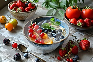 Bowl with oatmeal porridge and fresh berries and fruits: strawberries, red currant, blueberries, blackberries, orange