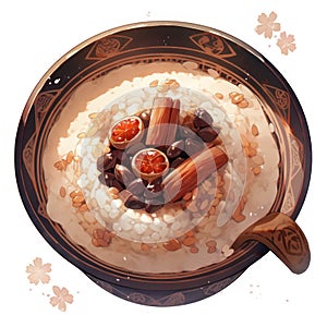 A bowl of oatmeal topped with nuts and cinnamons. Generative AI image.