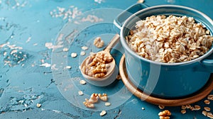 Bowl of oatmeal with walnut-topped spoon