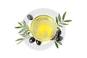 Bowl with olive oil and olives isolated on background, top view