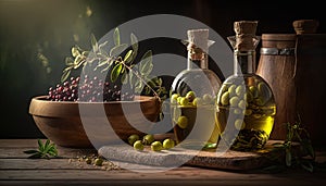 a bowl of olives next to two bottles of olive oil. generative ai