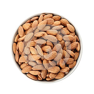 Bowl with organic almond nuts on white background