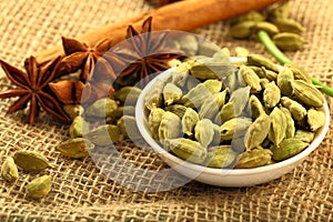 Bowl of organic cardamom pods and spices.