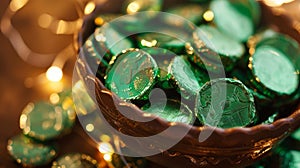 A bowl overflowing with foilwrapped chocolate coins covered in shiny green and gold foil tempting passersby to indulge photo