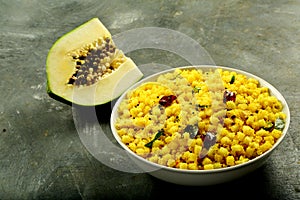 Bowl of papaya thoran from Kerala recipes.