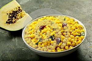Bowl of papaya thoran from Kerala recipes.