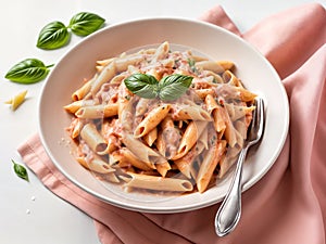 A bowl of pasta with a creamy tomato sauce, garnished with basil