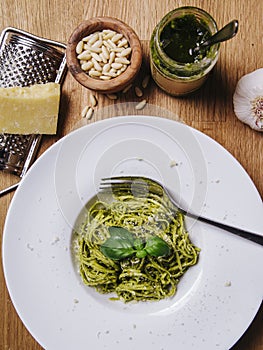 Bowl of pasta spaghetti with pesto sauce