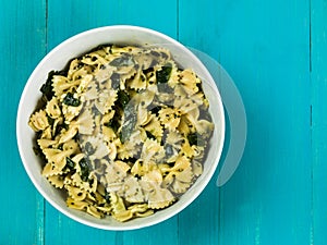 Bowl of Pasta Spinach and Pine Kernels Salad