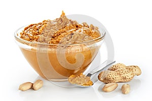 Bowl with peanut butter and peanuts isolated on white background