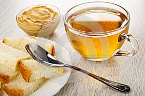 Bowl with peanut butter, slices of bread in plate, spoon, cup of tea on wooden table