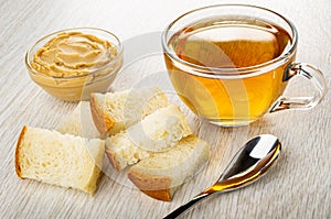 Bowl with peanut butter, slices of bread, spoon, cup of tea on table