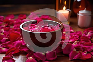 bowl of petals with a rose-scented candle and oil