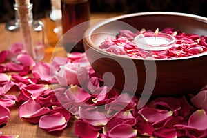 bowl of petals with a rose-scented candle and oil