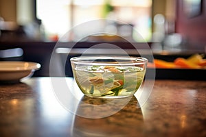 bowl of pho on restaurant table with focus on broth clarity