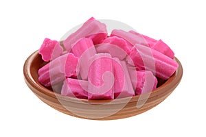 Bowl of pink bubble gum on a white background