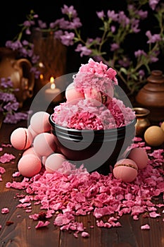 A bowl of pink powder with eggs and flowers, AI