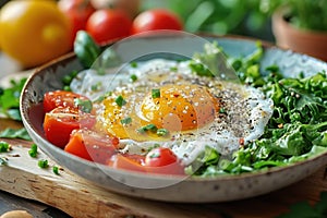 A bowl of a plate with eggs, tomatoes and greens, AI