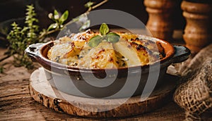 Bowl of potato casserole on rustic table setting food photography
