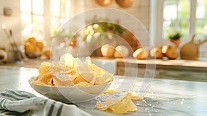 A bowl of potato chips on the kitchen table.Generative AI