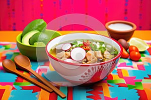 a bowl of pozole with radishes, lettuce, and avocado slices, colorful backdrop