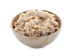 Bowl with prepared oatmeal on white background