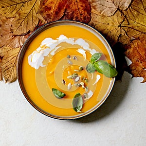 Bowl of pumpkin or carrot vegetarian cream soup