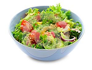 Bowl with quinoa salad on white background