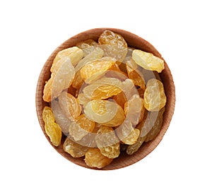 Bowl with raisins on white background, top view.