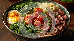 Bowl of ramen with beef egg and vegetables. Bowl of noodle for eating with a bowl of meat