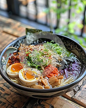 A bowl of ramen, its broth organic yet intentionally bland, invites customization with an array of vibrant, fresh toppings