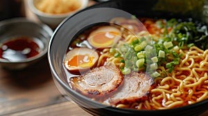 A bowl of ramen with meat and eggs in a black bowl, AI