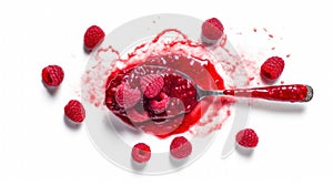 Bowl of raspberries, with some spilled over side. A spoon is also present in scene, indicating that someone has been