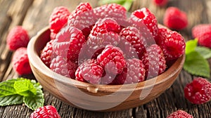 A bowl of raspberries on a wooden table with leaves, AI